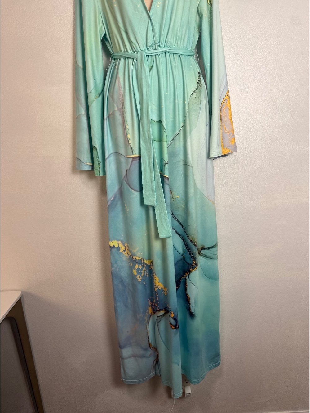 Long Sleeve Maxi Dress with Abstract Aqua and Gold Print - Picture 3 of 13
